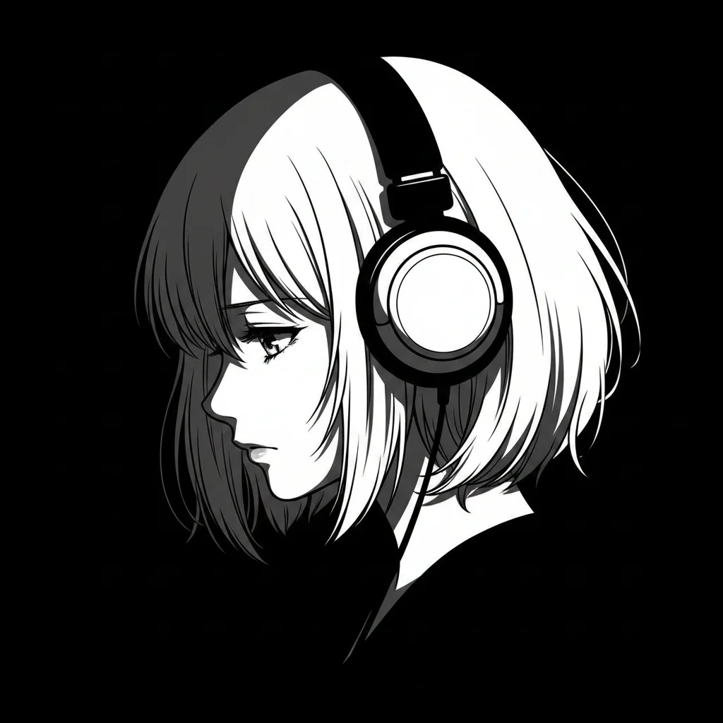 Anime Girl Chiaroscuro Headphones Portrait Melancholic Black White